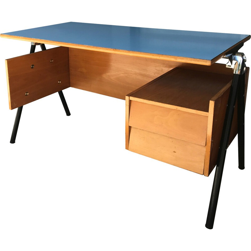 Children blue formica steel and wooden desk - 1950s