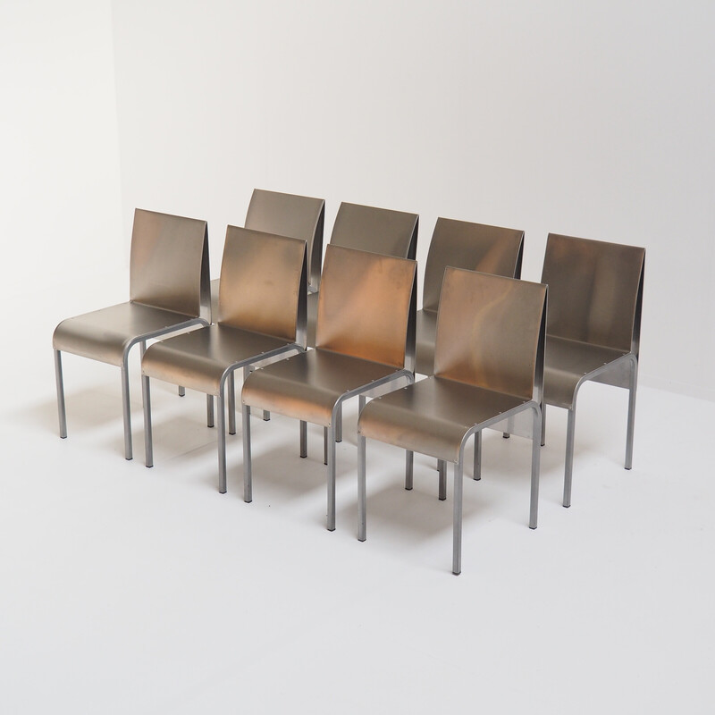 Set of 8 vintage aluminum dining chairs, Belgium 1980s