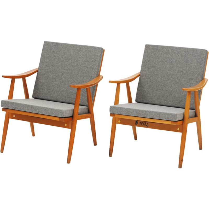 Set of 2 grey armchairs in beechwood - 1960s