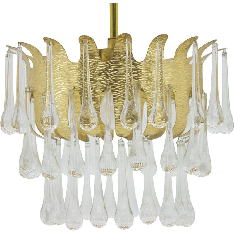 Golden chandelier model Palwa in brass and glass by Ernst Palme  - 1960s