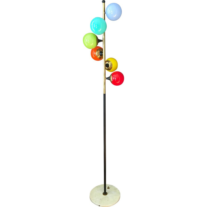 Multicoloured mid-century floor lamp in glass and brass produced by Stilnovo - 1960s