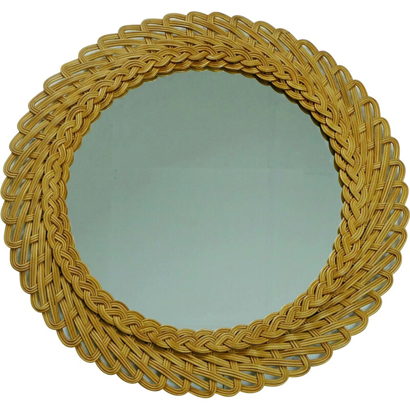 Round wall mirror in rattan - 1950s