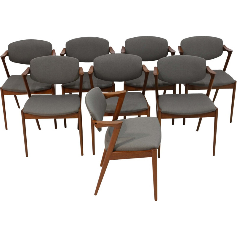 Set of 8 dining Chairs grey seat and wooden frame by Kai Kristiansen - 1950s