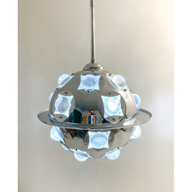 Suspension vintage en verre et chrome par Oscar Torlasco, Italie 1970