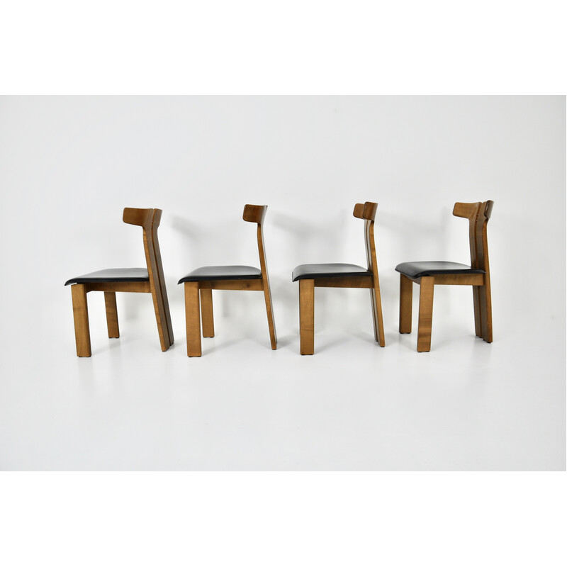 Set of 4 vintage leather and wood chairs by Pierre Cardin, 1980