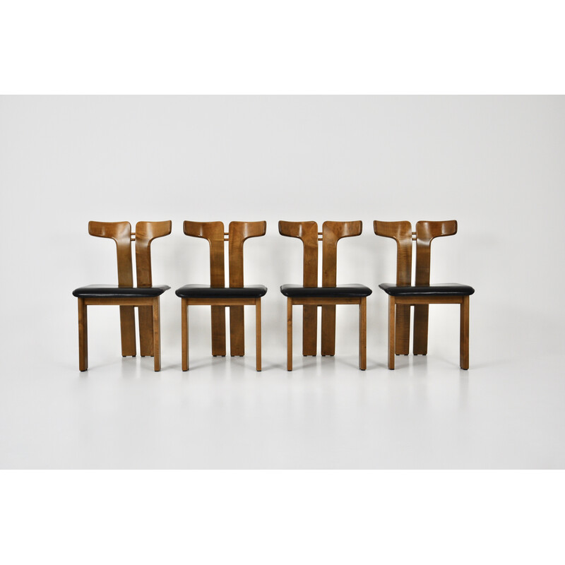 Set of 4 vintage leather and wood chairs by Pierre Cardin, 1980