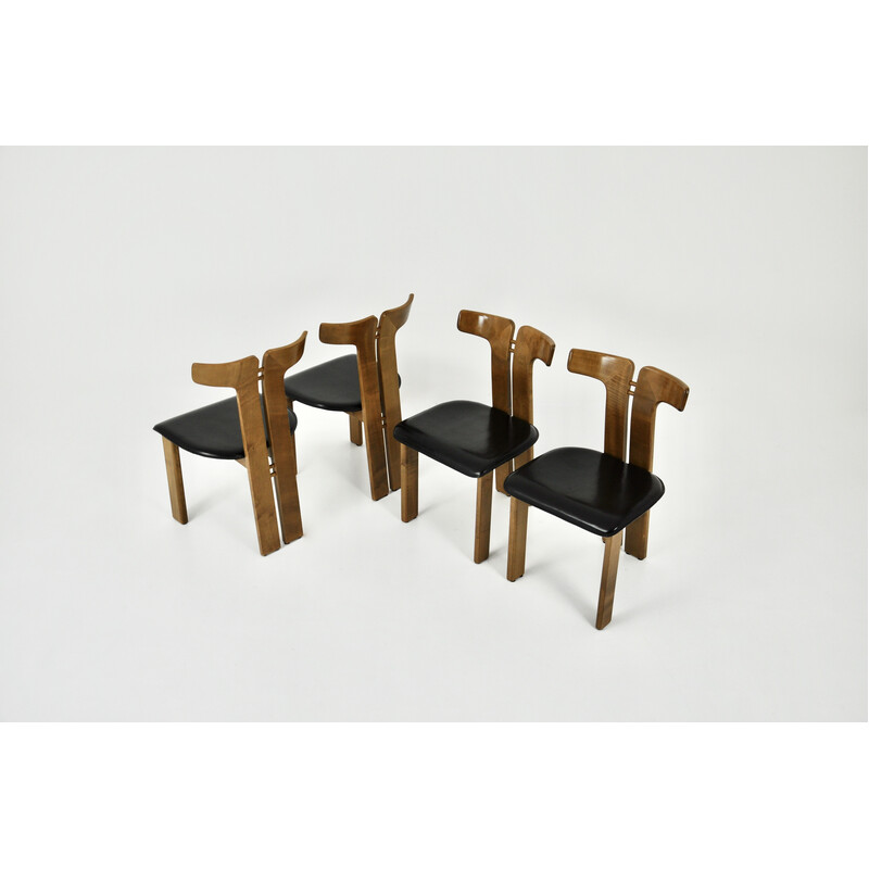 Set of 4 vintage leather and wood chairs by Pierre Cardin, 1980