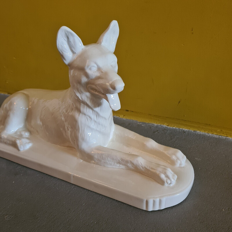 French vintage Art Deco statue of a German Shepherd by Sarreguemines, 1920-1930s