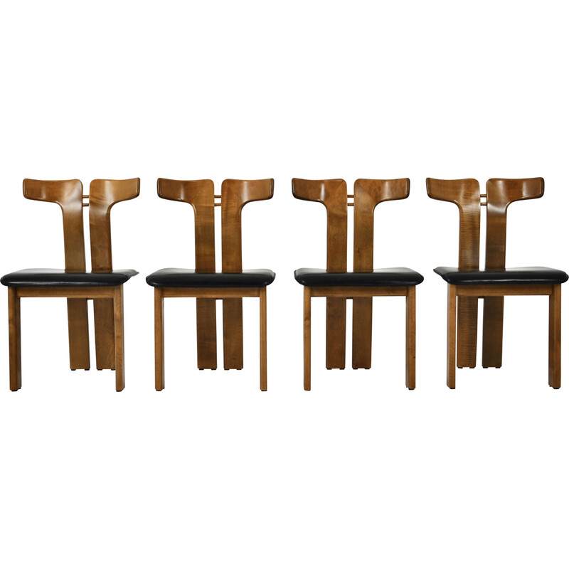 Set of 4 vintage leather and wood chairs by Pierre Cardin, 1980