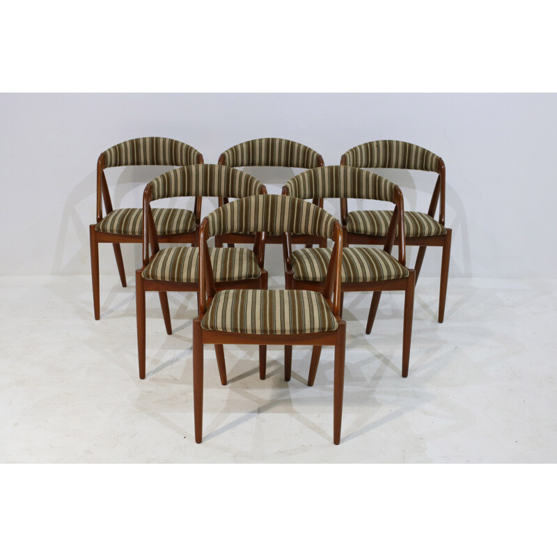 Set of 6 teak chairs with a green striped fabric by Kai Kristiansen - 1960s