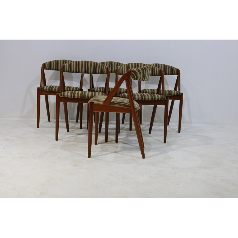 Set of 6 teak chairs with a green striped fabric by Kai Kristiansen - 1960s