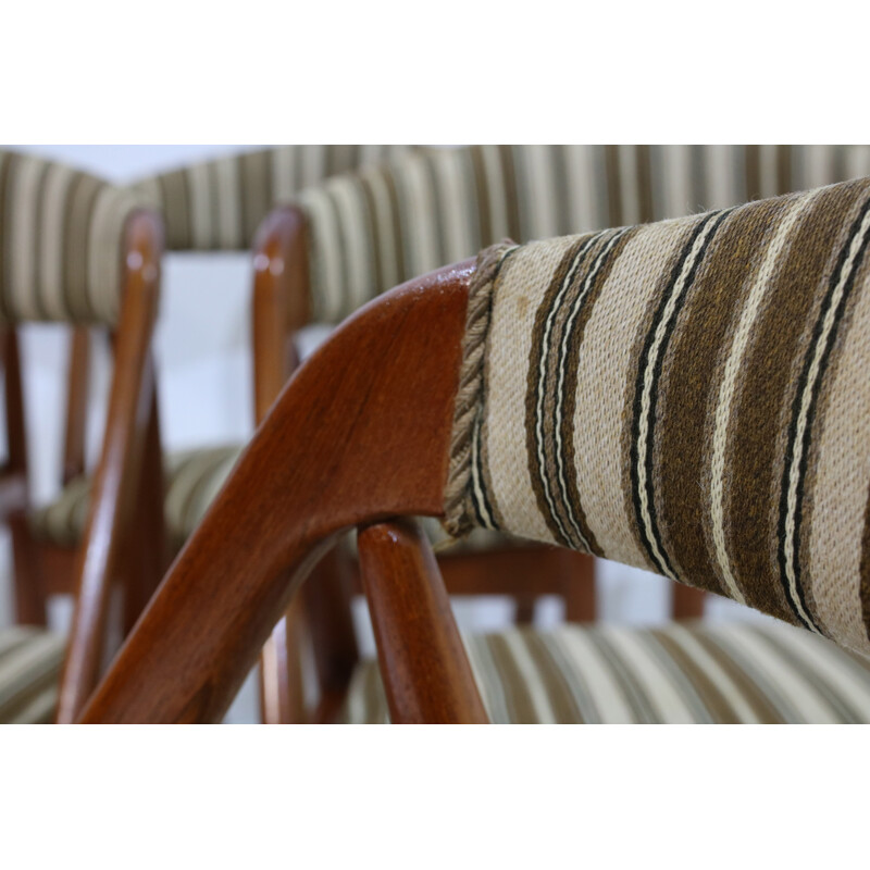 Set of 6 teak chairs with a green striped fabric by Kai Kristiansen - 1960s