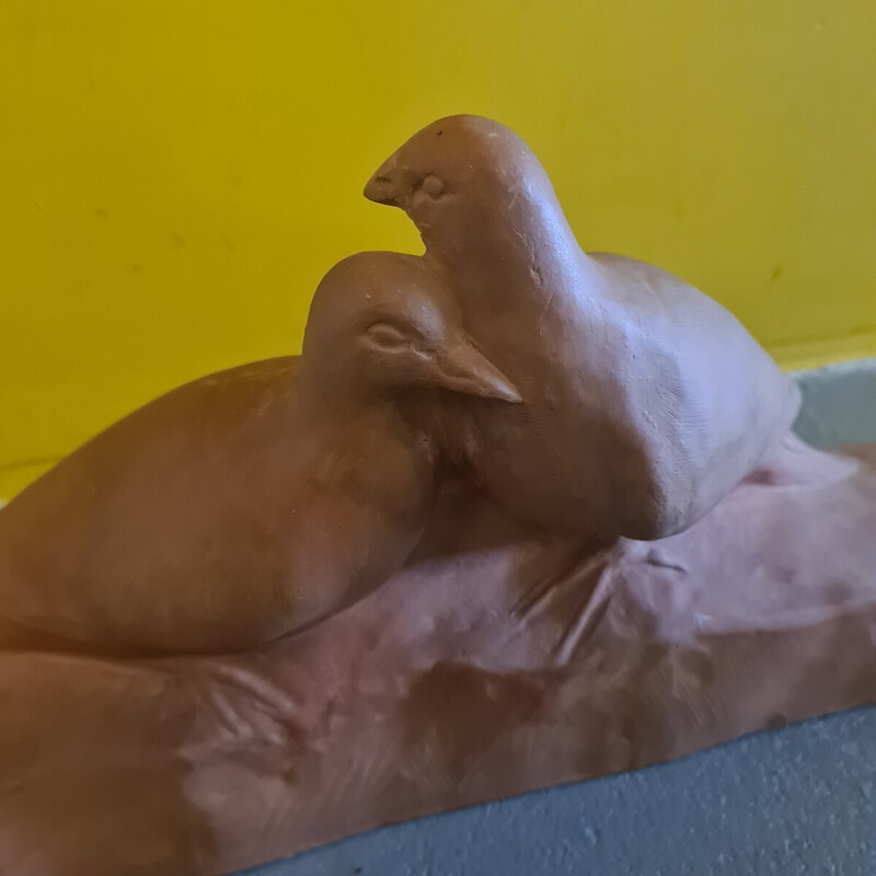 Vintage French terracotta sculpture of a pigeon couple, 1900s