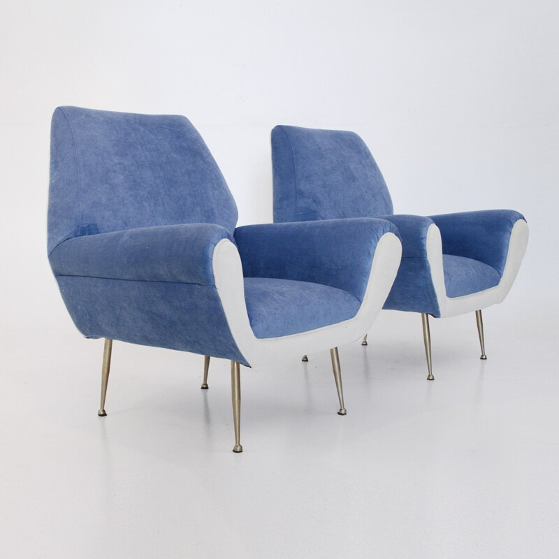 Pair of Italian white & blue velvet Armchairs - 1960s