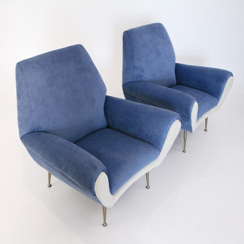 Pair of Italian white & blue velvet Armchairs - 1960s