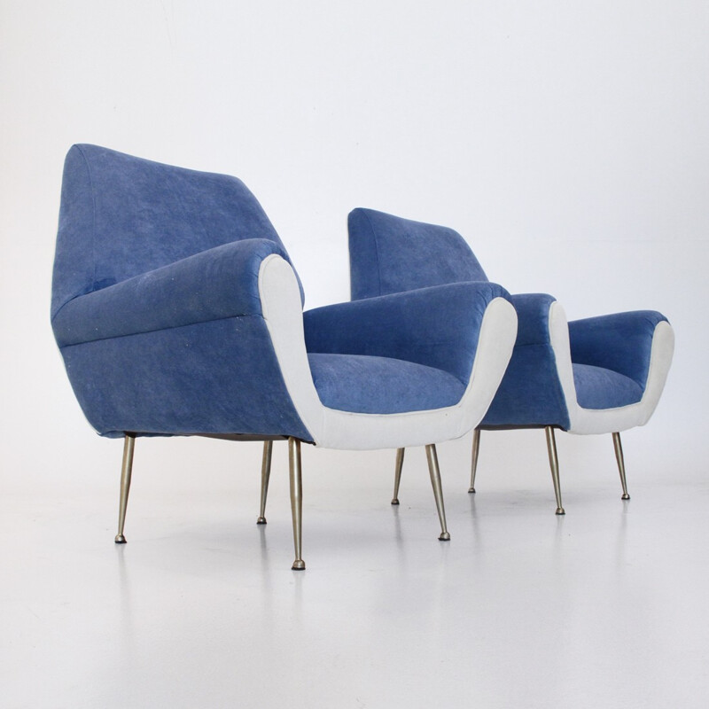 Pair of Italian white & blue velvet Armchairs - 1960s