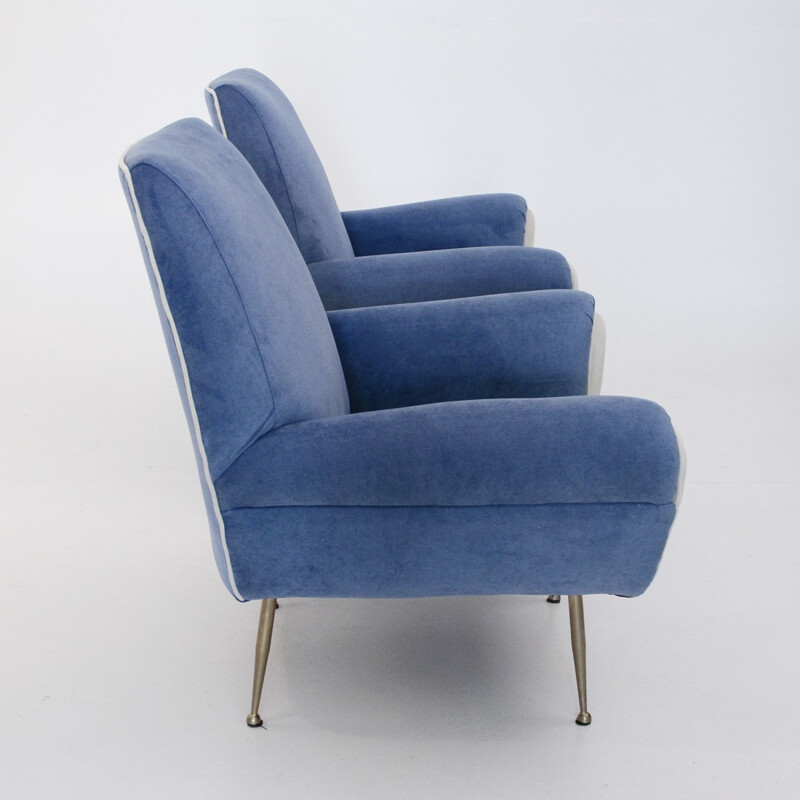 Paire de fauteuil bleu et blanc en velours italiens - 1960