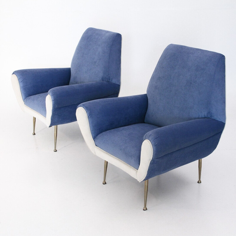 Pair of Italian white & blue velvet Armchairs - 1960s