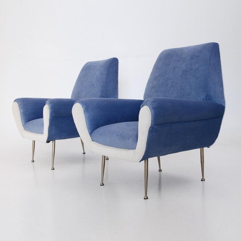 Pair of Italian white & blue velvet Armchairs - 1960s