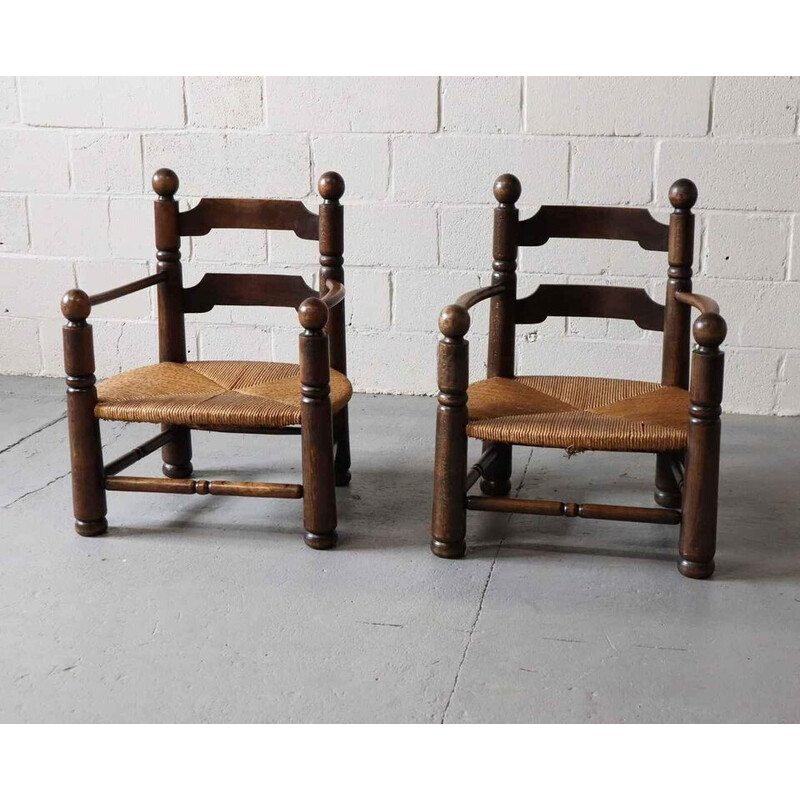 Pair of vintage oakwood armchairs by Charles Dudouyt, 1940s