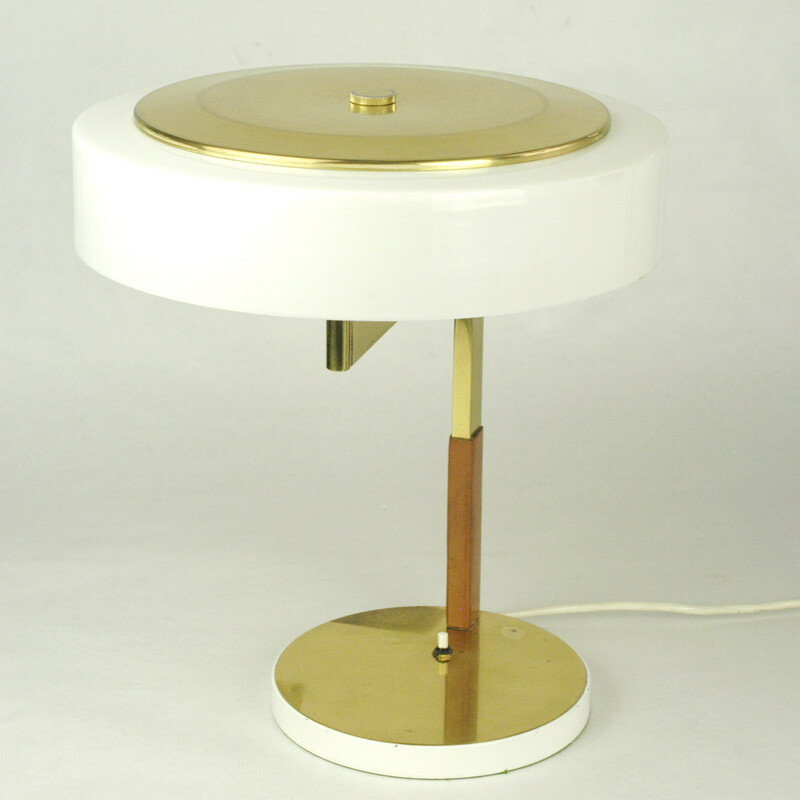 Austrian mid century brass, leather and white acrylic desk lamp by J.T. Kalmar