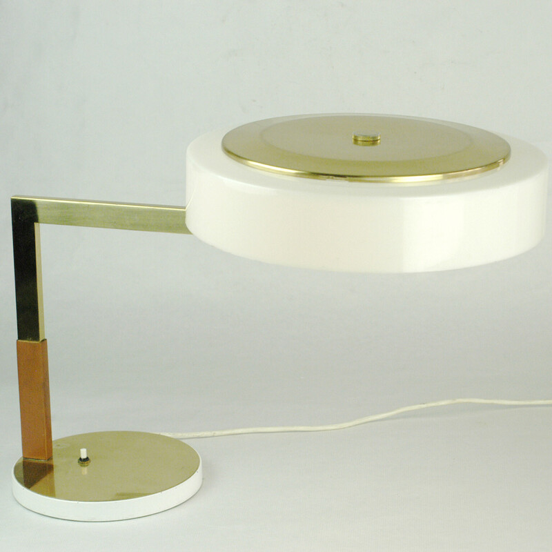 Austrian mid century brass, leather and white acrylic desk lamp by J.T. Kalmar