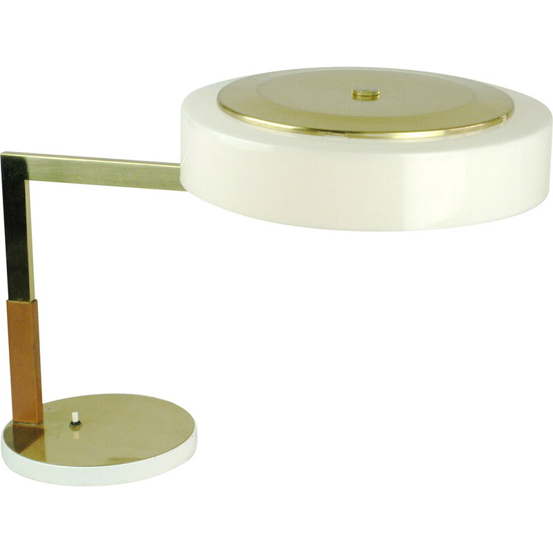 Austrian mid century brass, leather and white acrylic desk lamp by J.T. Kalmar