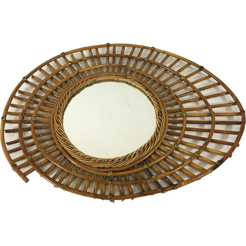 French elliptical rattan mirror - 1950s