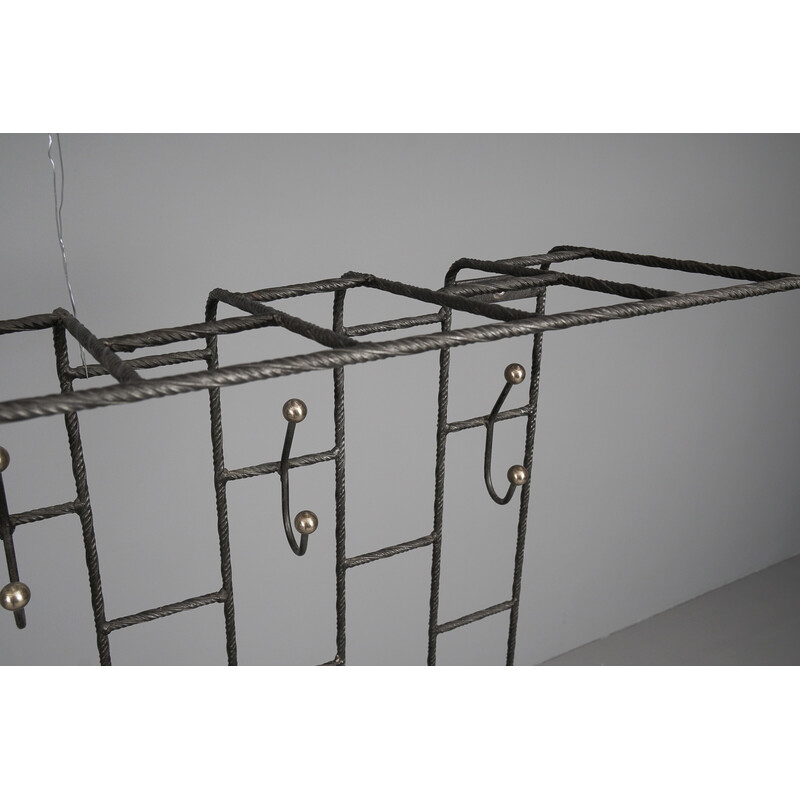 Vintage hand-forged wrought iron and brass wall coat rack, France 1960s