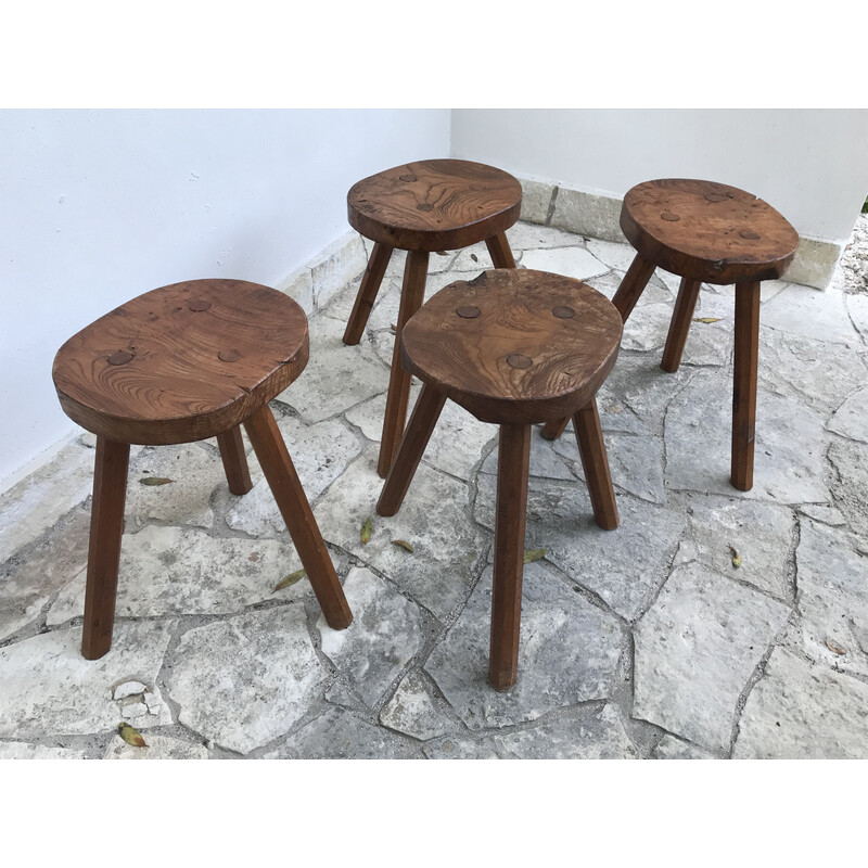 Set of 4 vintage brutalist stools in solid elmwood, 1970