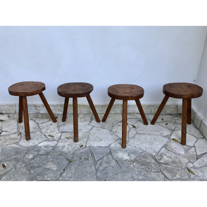 Set of 4 vintage brutalist stools in solid elmwood, 1970