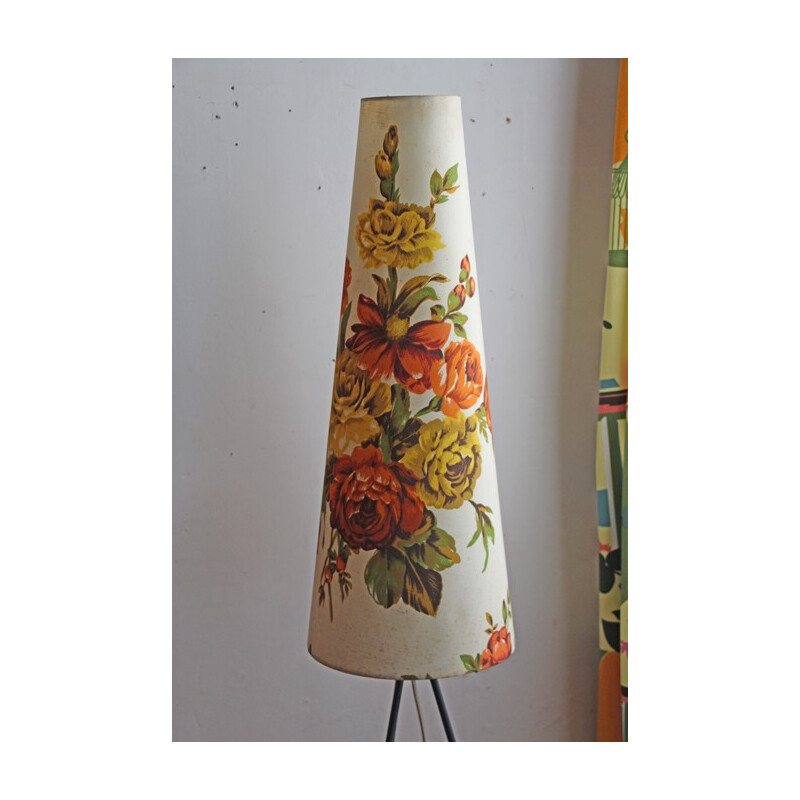 Lampadaire tripode abat jour à motif floraux - 1950