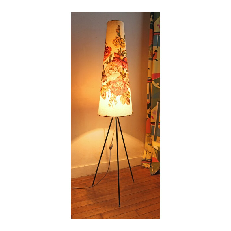 Tripod floor lamp shade decored with flowers - 1950s