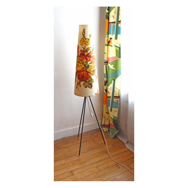 Tripod floor lamp shade decored with flowers - 1950s