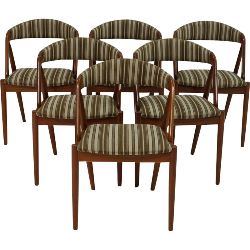 Suite de 6 chaises en teck et tissu à rayures vertes de Kai Kristiansen - 1960