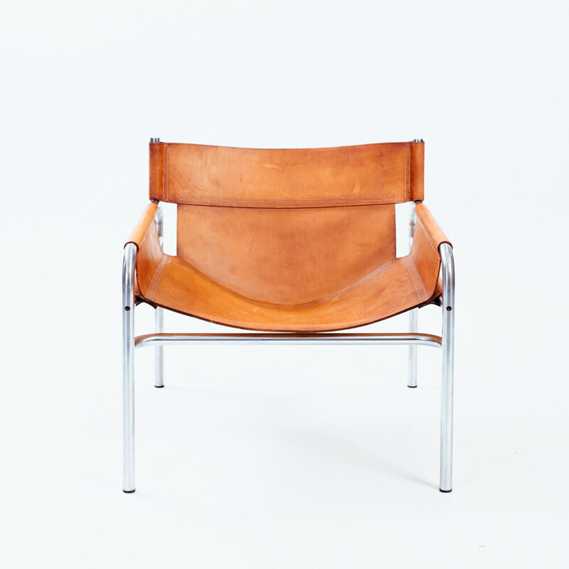 Vintage Dutch armchair in hideleather and steel by Walter Antonis for 't Spectrum, 1971