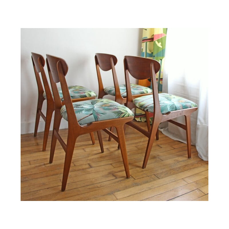 Set of 4 Scandinavian teak chairs palm tree pattern - 1950s