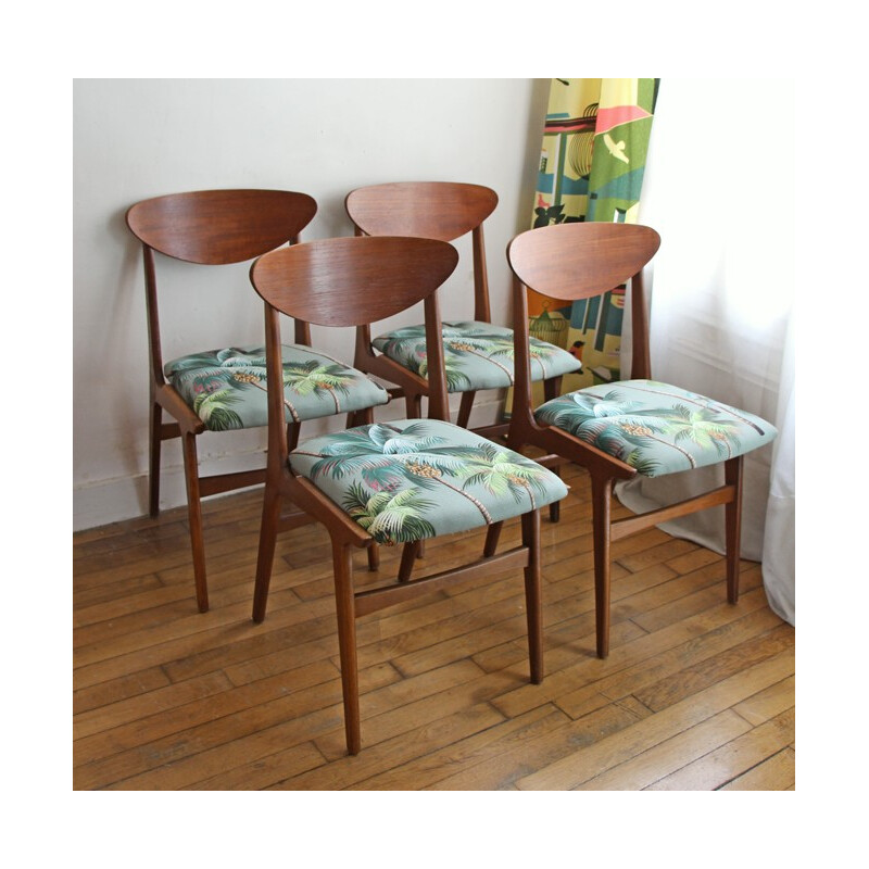 Lot de 4 chaises scandinaves en teck motifs tropicaux - 1950