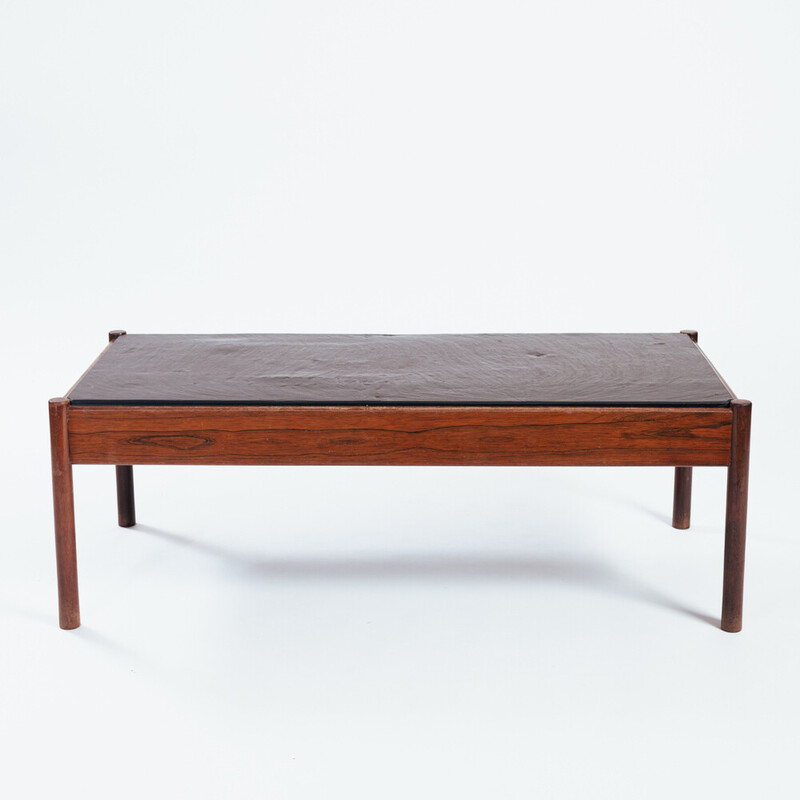Vintage slate stone and rosewood coffee table by Borge Mogensen, 1970s
