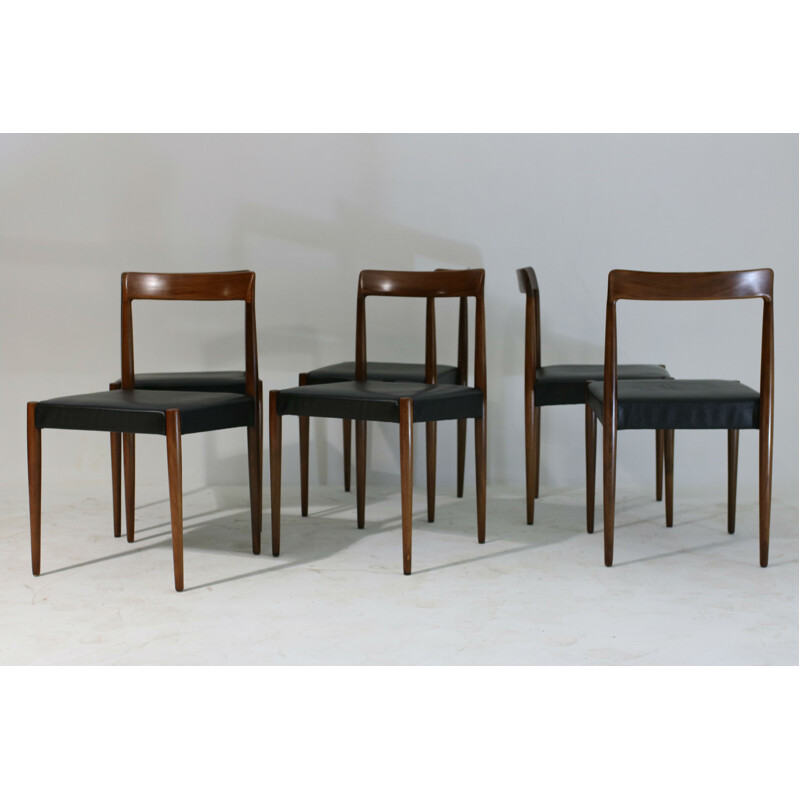 Set of 6 black leather & teak dining chairs from Lübke - 1960s