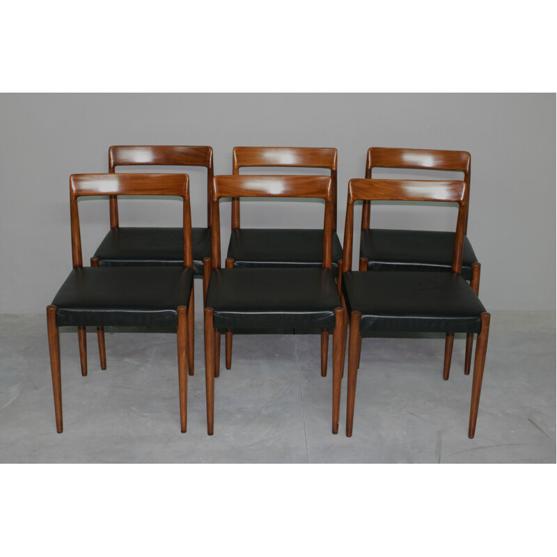 Ensemble de 6 chaises à repas en teck et cuir noir de Lübke - 1960