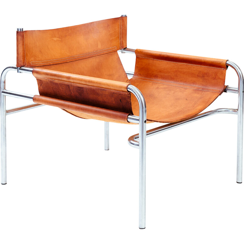 Vintage Dutch armchair in hideleather and steel by Walter Antonis for 't Spectrum, 1971