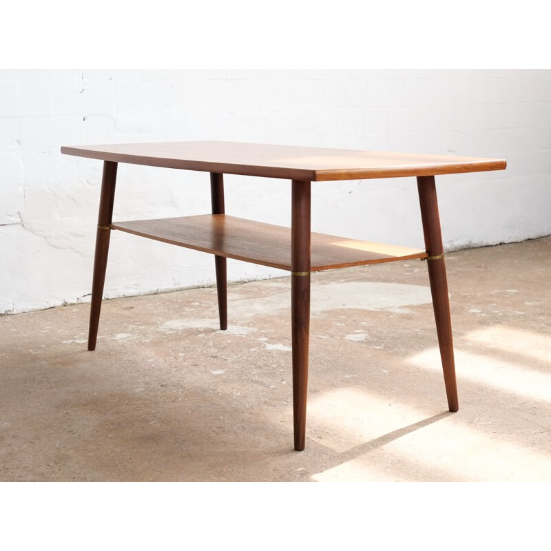 Danish coffee table in teak and brass with rounded sides - 1960s