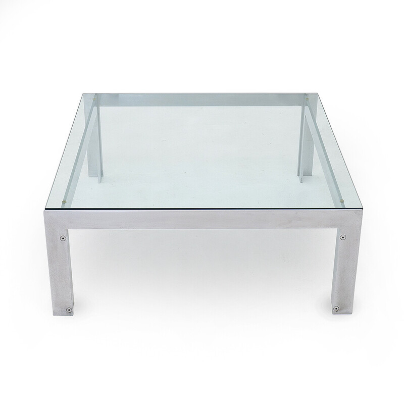 Table basse vintage en acier et verre par Alberto Rosselli pour Saporiti, 1970