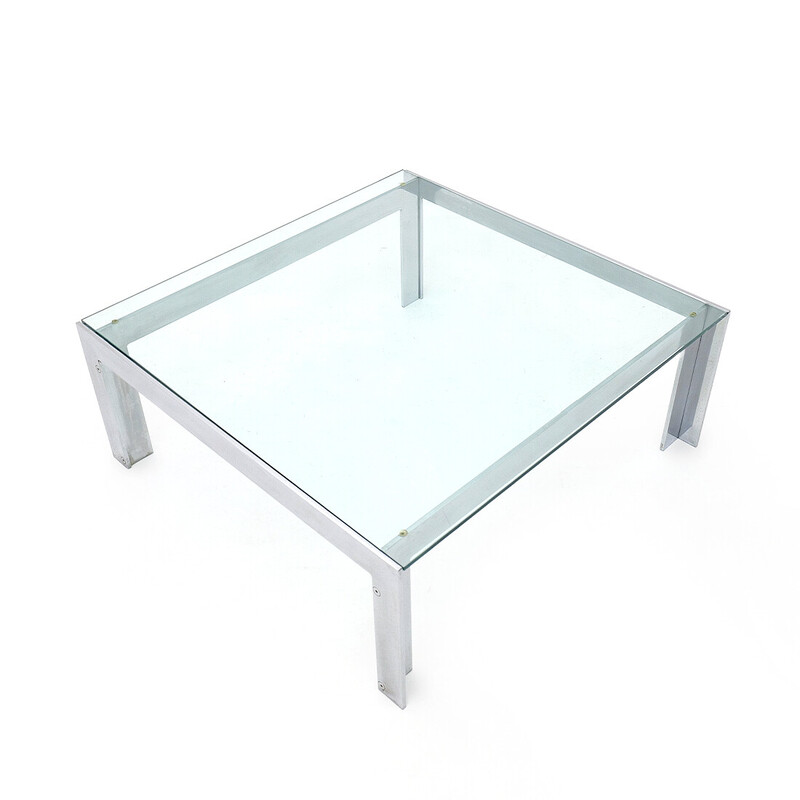 Table basse vintage en acier et verre par Alberto Rosselli pour Saporiti, 1970