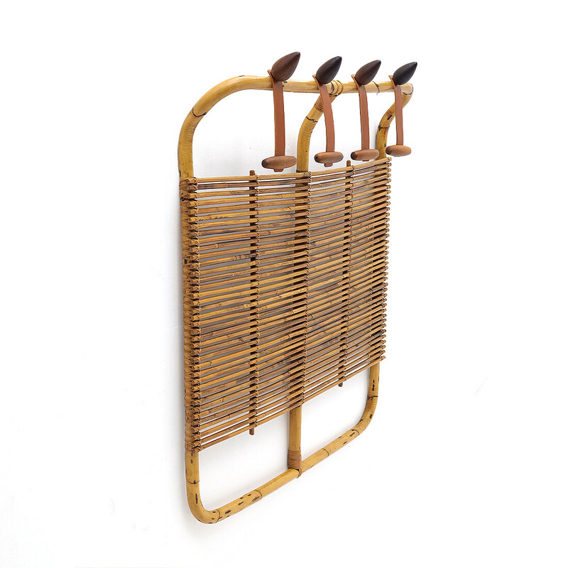 Vintage rattan and leather coat rack by Tito Agnoli for Bonacina, 1950s
