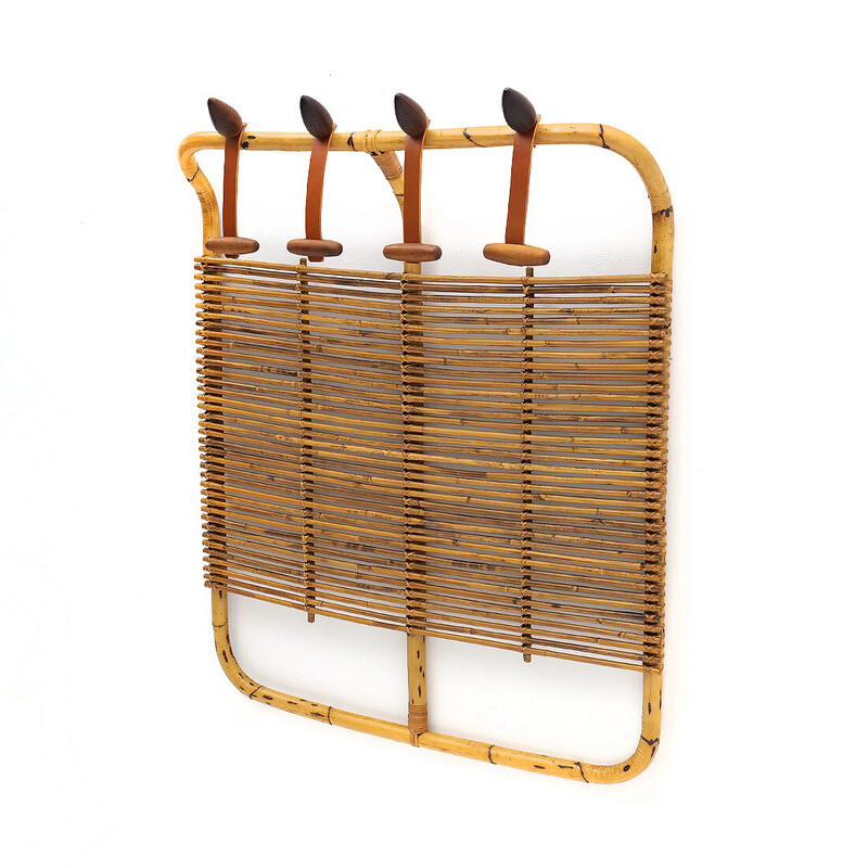 Vintage rattan and leather coat rack by Tito Agnoli for Bonacina, 1950s