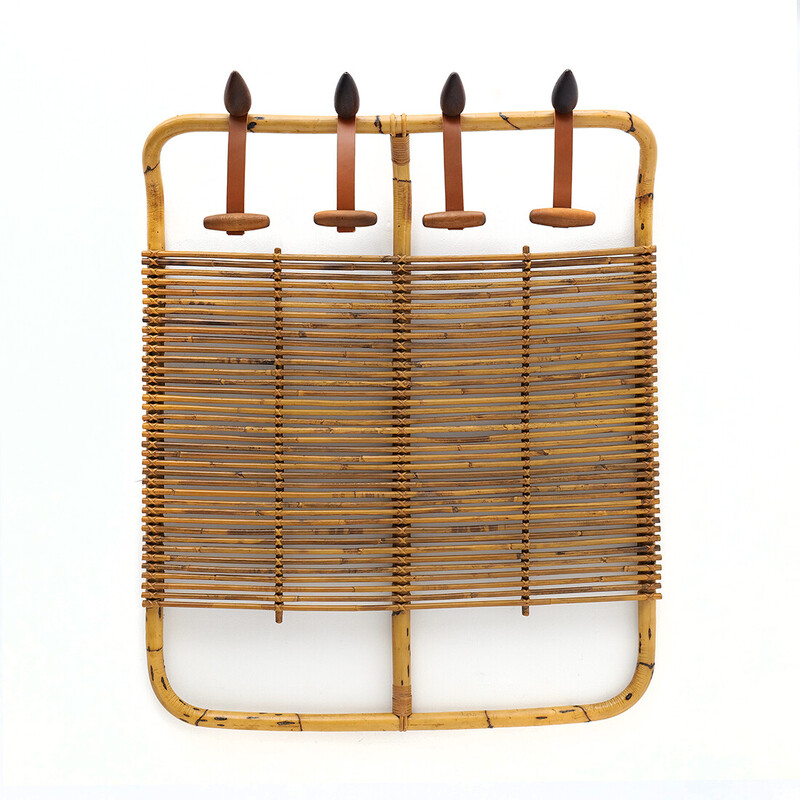 Vintage rattan and leather coat rack by Tito Agnoli for Bonacina, 1950s