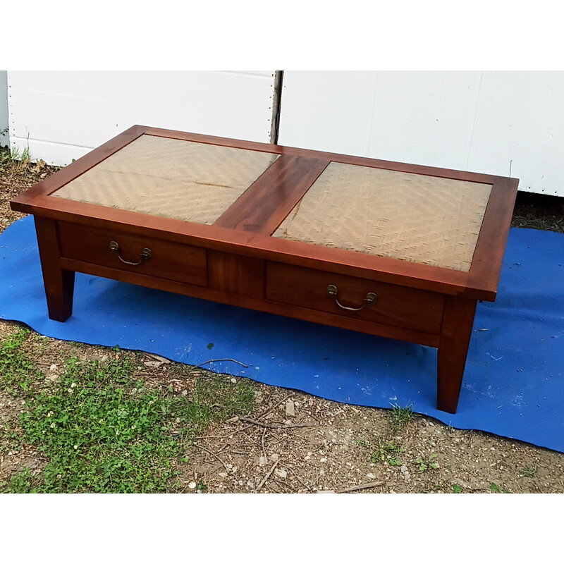 Vintage walnut and rattan coffee table