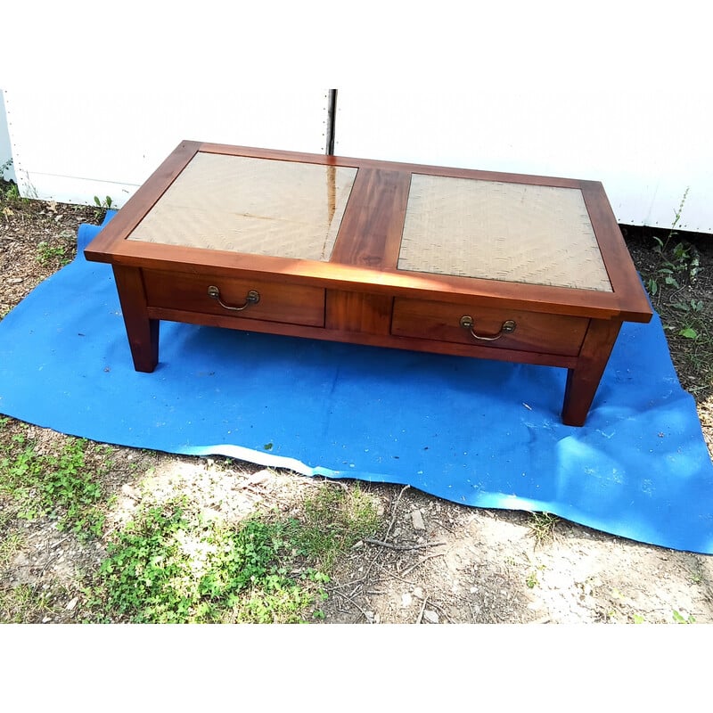 Vintage walnut and rattan coffee table